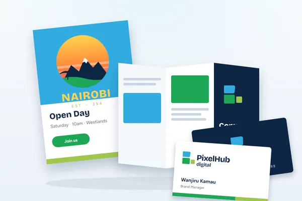 Business cards, flyer and company profile brochure printed by PixelHub Digital in Nairobi
