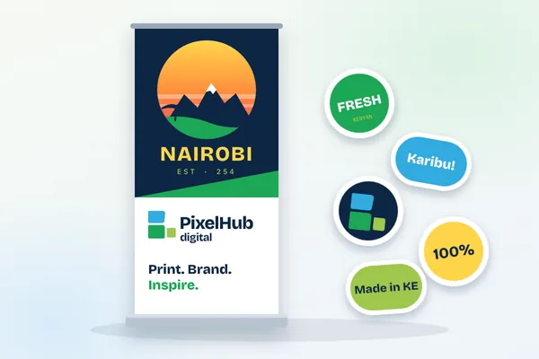 Roll-up banner and contour-cut stickers printed on a large format printer in Nairobi