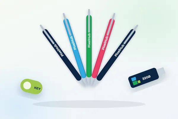 Fan of branded pens, USB drive and keyholder printed with pad printing