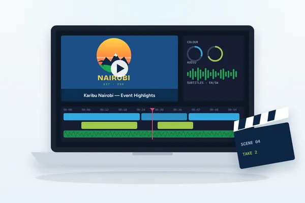 Video editing timeline on a laptop with event highlights footage